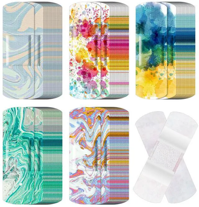 Main image of 120 Pcs Fabric Adhesive Flexible Bandages Bulk Assorted Shapes and Patterns Small Colorful Pretty Fabric Bandages with Non Stick Pad 3 x 1 Inch for Cuts Wound Scrapes Women(Colorful)
