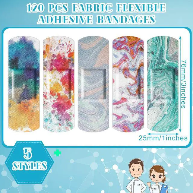 Alt view image 2 of 6 - 120 Pcs Fabric Adhesive Flexible Bandages Bulk Assorted Shapes and Patterns Small Colorful Pretty Fabric Bandages with Non Stick Pad 3 x 1 Inch for Cuts Wound Scrapes Women(Colorful)