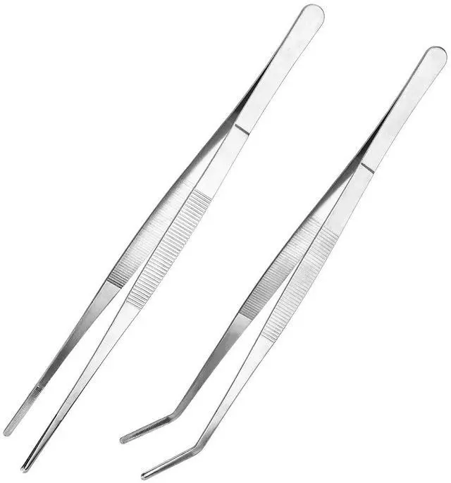 Main image of Kitchen Long Tweezers Set, LEEFONE 2 PCS 12 Inch Stainless Steel Food Tweezers with Precision Serrated Tips for Cooking & Baking (Straight + Curved)