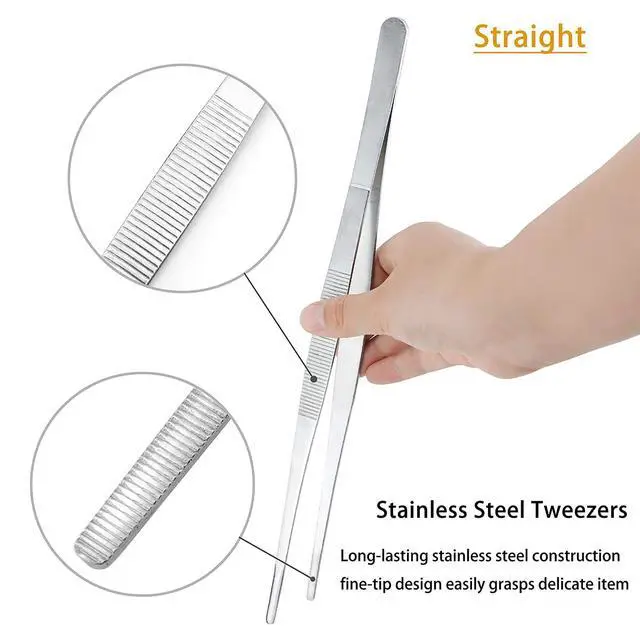 Alt view image 3 of 7 - Kitchen Long Tweezers Set, LEEFONE 2 PCS 12 Inch Stainless Steel Food Tweezers with Precision Serrated Tips for Cooking & Baking (Straight + Curved)