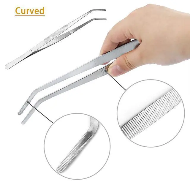 Alt view image 4 of 7 - Kitchen Long Tweezers Set, LEEFONE 2 PCS 12 Inch Stainless Steel Food Tweezers with Precision Serrated Tips for Cooking & Baking (Straight + Curved)
