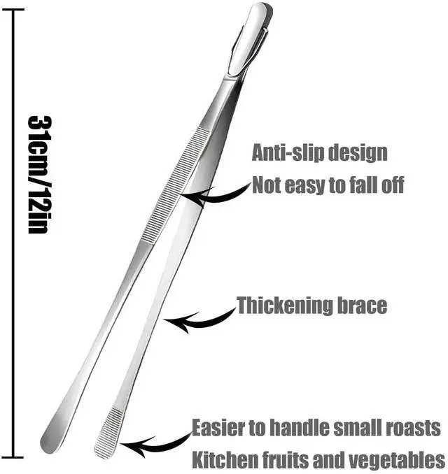 Alt view image 4 of 6 - Professional Kitchen & Cooking Tweezers Tongs, 2 PCS 12-Inch Extra-Long Tweezer with Round And Straight Tips For Baking, Stainless Steel Barbecue Tweezers, Premium Quality, Anti-Slip