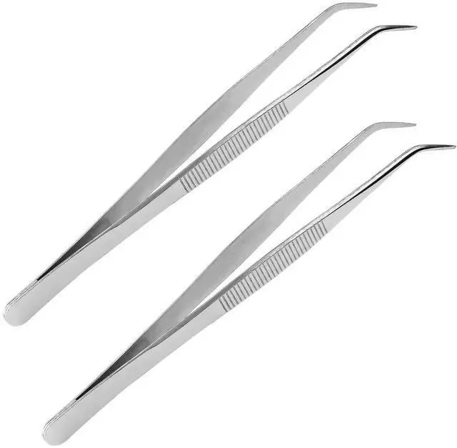 Main image of 2pcs 8 Inch Stainless Steel Tweezers with Curved Serrated Tip