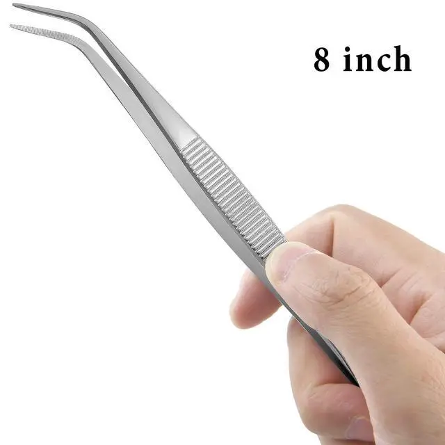Alt view image 2 of 7 - 2pcs 8 Inch Stainless Steel Tweezers with Curved Serrated Tip