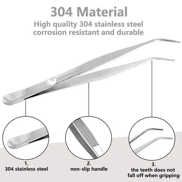 Alt view image 3 of 7 - 2pcs 8 Inch Stainless Steel Tweezers with Curved Serrated Tip