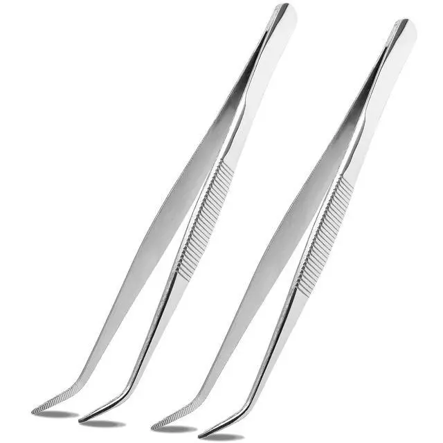 Alt view image 4 of 7 - 2pcs 8 Inch Stainless Steel Tweezers with Curved Serrated Tip