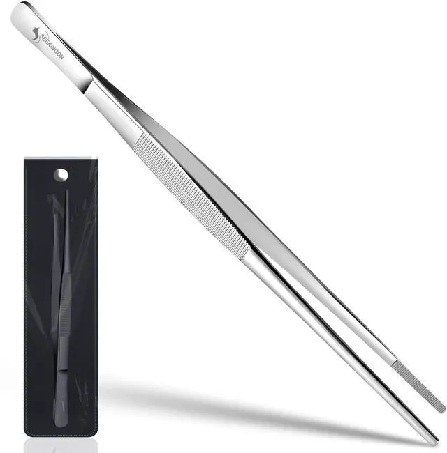 Main image of 12-Inch Stainless Steel Kitchen Tweezers Precision Serrated BBQ Tongs for Cooking, Grilling, Plating & Food Handling, Long Professional Chef Tweezer Tool
