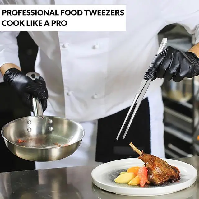 Alt view image 4 of 6 - 12-Inch Stainless Steel Kitchen Tweezers Precision Serrated BBQ Tongs for Cooking, Grilling, Plating & Food Handling, Long Professional Chef Tweezer Tool