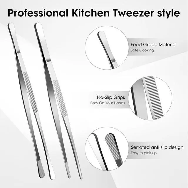 Alt view image 2 of 7 - 2 Pcs 12-inch Stainless Steel Kitchen Utensils, Cooking Tongs, Kitchen Tweezers for Cooking, Camping Cooking Essentials