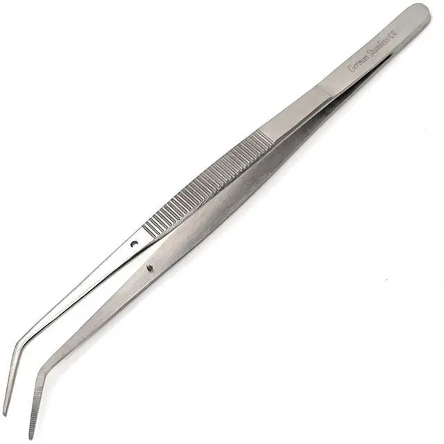 Main image of 6 Inch Professional Culinary Stainless Steel Precision Tongs with Angled Serrated Tips, Plating/Food Presentation Detailing Serving Tongs, Chef's Kitchen Tweezer Tongs - Ultra Non-Slip Grip
