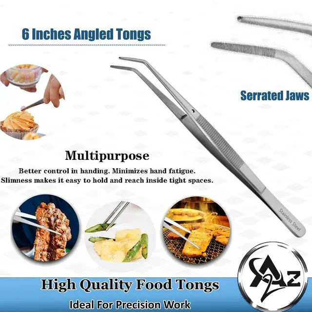 Alt view image 2 of 7 - 6 Inch Professional Culinary Stainless Steel Precision Tongs with Angled Serrated Tips, Plating/Food Presentation Detailing Serving Tongs, Chef's Kitchen Tweezer Tongs - Ultra Non-Slip Grip