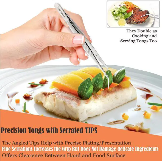 Alt view image 3 of 7 - 6 Inch Professional Culinary Stainless Steel Precision Tongs with Angled Serrated Tips, Plating/Food Presentation Detailing Serving Tongs, Chef's Kitchen Tweezer Tongs - Ultra Non-Slip Grip
