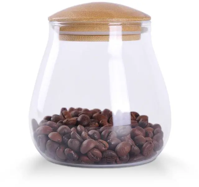 Main image of 13oz Clear Glass Storage Canister Holder with Airtight Bamboo Lid, Small Cute Modern Round Decorative Container Jar for Coffee, Spice, Candy, Salt, Cookie, Condiment, Pepper, Sugar