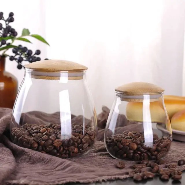Alt view image 4 of 7 - 13oz Clear Glass Storage Canister Holder with Airtight Bamboo Lid, Small Cute Modern Round Decorative Container Jar for Coffee, Spice, Candy, Salt, Cookie, Condiment, Pepper, Sugar