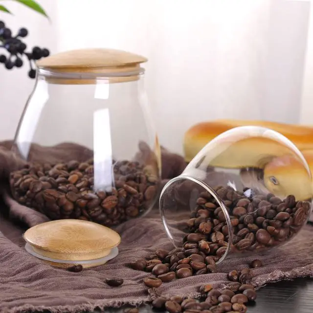 Alt view image 5 of 7 - 13oz Clear Glass Storage Canister Holder with Airtight Bamboo Lid, Small Cute Modern Round Decorative Container Jar for Coffee, Spice, Candy, Salt, Cookie, Condiment, Pepper, Sugar