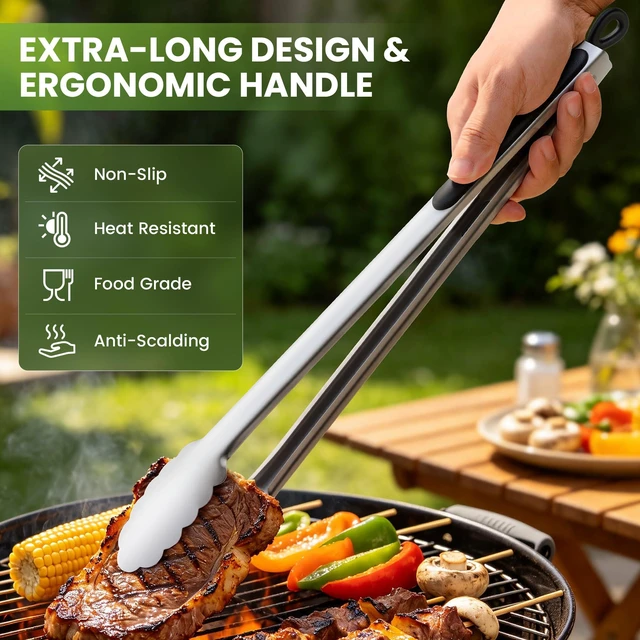 Alt view image 2 of 5 - Grill Tongs, 17 Inch Extra Long Stainless Steel BBQ Tongs (17", 1PC) | For Cooking/Serving/Grilling | Heat-Resistant | Dishwasher Safe