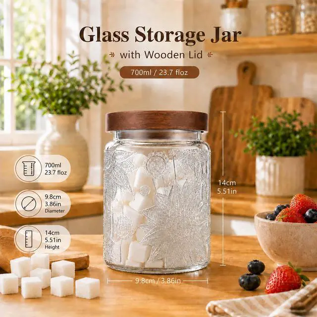 Alt view image 2 of 7 - 23.7 fl oz Vintage Glass Jar with Wooden Lid, Airtight Decorative Food Storage Canisters for Kitchen Counter & Pantry, Ideal for Candy, Sugar, Coffee,salt, Tea, Cereal, Flour, Oats