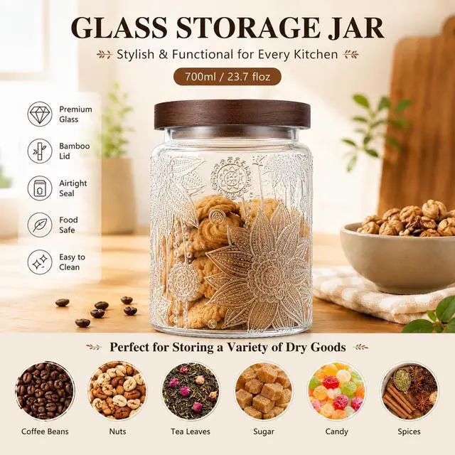 Alt view image 4 of 7 - 23.7 fl oz Vintage Glass Jar with Wooden Lid, Airtight Decorative Food Storage Canisters for Kitchen Counter & Pantry, Ideal for Candy, Sugar, Coffee,salt, Tea, Cereal, Flour, Oats