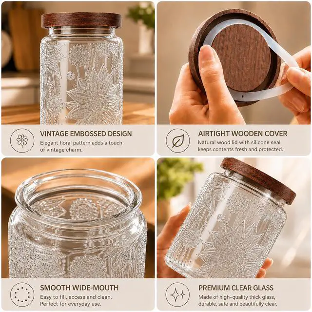 Alt view image 5 of 7 - 23.7 fl oz Vintage Glass Jar with Wooden Lid, Airtight Decorative Food Storage Canisters for Kitchen Counter & Pantry, Ideal for Candy, Sugar, Coffee,salt, Tea, Cereal, Flour, Oats