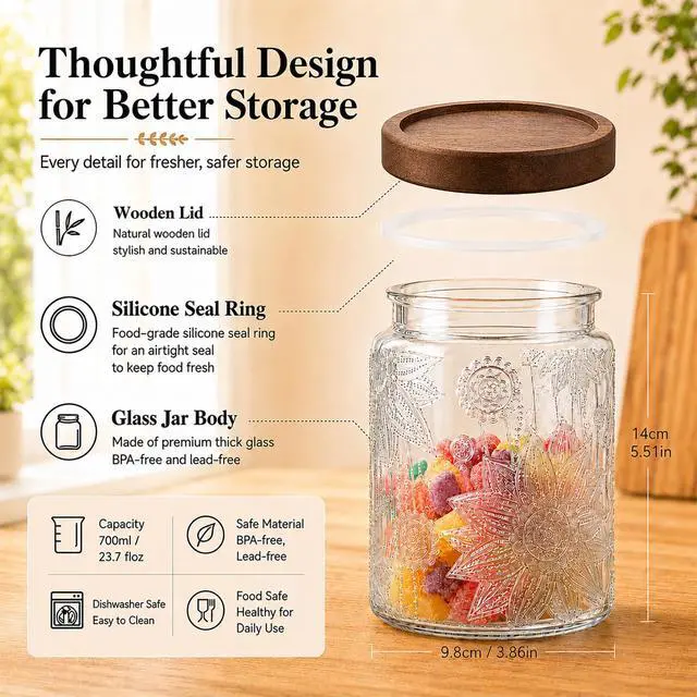 Alt view image 3 of 7 - 23.7 fl oz Vintage Glass Jar with Wooden Lid, Airtight Decorative Food Storage Canisters for Kitchen Counter & Pantry, Ideal for Candy, Sugar, Coffee,salt, Tea, Cereal, Flour, Oats