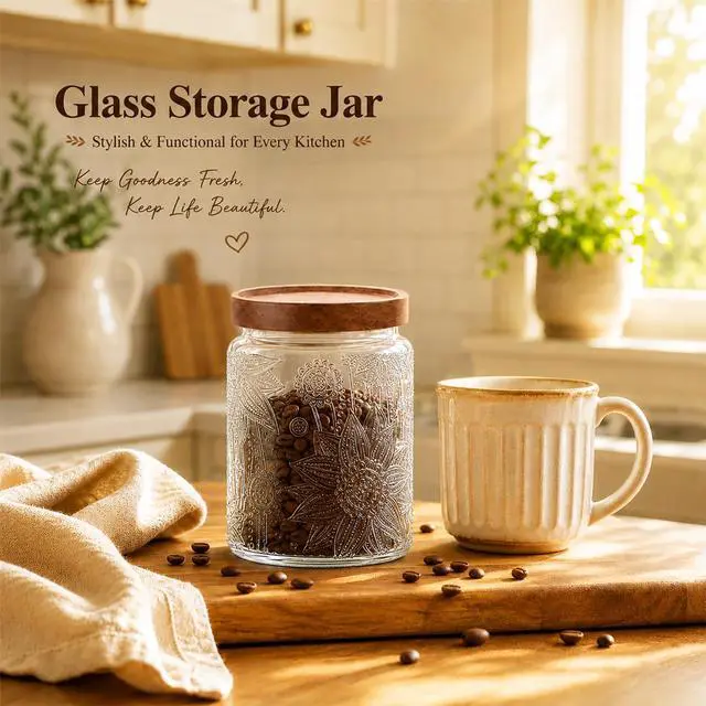 Alt view image 6 of 7 - 23.7 fl oz Vintage Glass Jar with Wooden Lid, Airtight Decorative Food Storage Canisters for Kitchen Counter & Pantry, Ideal for Candy, Sugar, Coffee,salt, Tea, Cereal, Flour, Oats