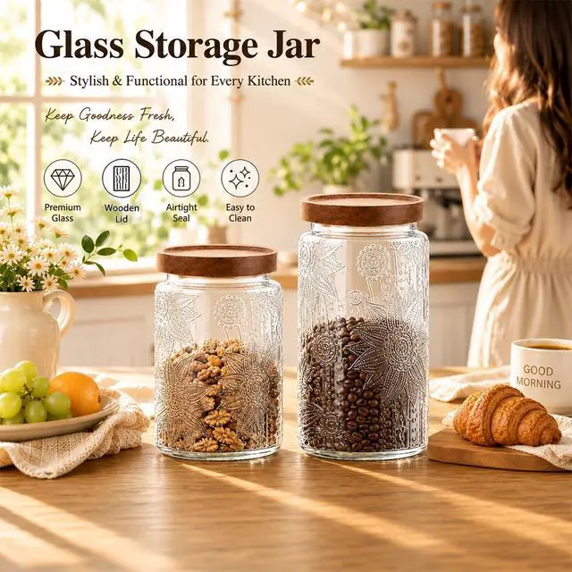 Alt view image 7 of 7 - 23.7 fl oz Vintage Glass Jar with Wooden Lid, Airtight Decorative Food Storage Canisters for Kitchen Counter & Pantry, Ideal for Candy, Sugar, Coffee,salt, Tea, Cereal, Flour, Oats
