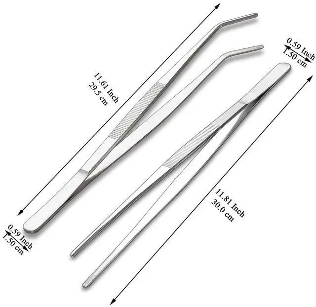 Alt view image 2 of 7 - Berglander Kitchen Tweezers Tongs 2pcs, 12" Extra-Long Stainless Steel Metal Heavy Duty Cooking Tweezers for Chef, Serving Food, Grill, Culinary, Pasta, Salad, BBQ