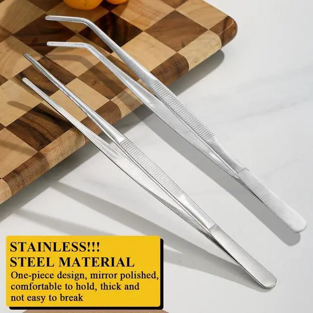 Alt view image 3 of 7 - Berglander Kitchen Tweezers Tongs 2pcs, 12" Extra-Long Stainless Steel Metal Heavy Duty Cooking Tweezers for Chef, Serving Food, Grill, Culinary, Pasta, Salad, BBQ