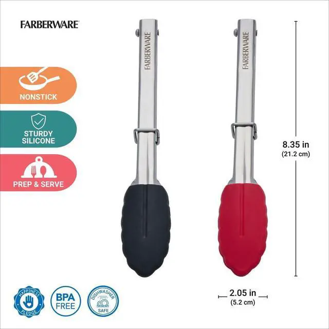 Alt view image 2 of 6 - Mini Kitchen Tongs Set of 2, 7 Inch Stainless Steel Cooking Tongs with Silicone Tips, Heat Resistant to 450F, Ring Lock for Compact Storage, Dishwasher Safe, Red and Black