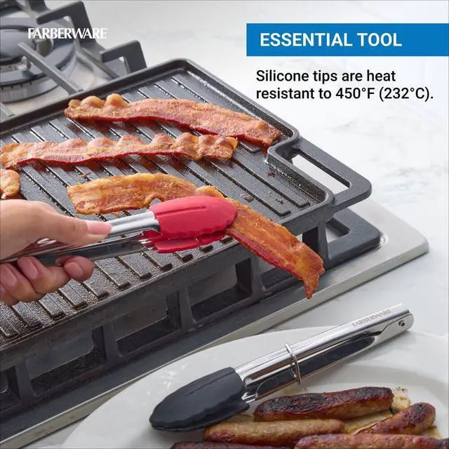 Alt view image 3 of 6 - Mini Kitchen Tongs Set of 2, 7 Inch Stainless Steel Cooking Tongs with Silicone Tips, Heat Resistant to 450F, Ring Lock for Compact Storage, Dishwasher Safe, Red and Black