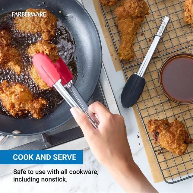 Alt view image 5 of 6 - Mini Kitchen Tongs Set of 2, 7 Inch Stainless Steel Cooking Tongs with Silicone Tips, Heat Resistant to 450F, Ring Lock for Compact Storage, Dishwasher Safe, Red and Black
