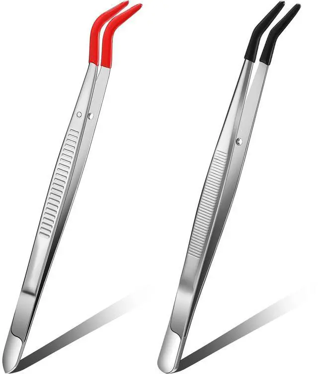 Main image of 2 Pieces Tweezers Curved Bent Tip Tweezers with Rubber Silicone Tips PVC Coated Non Marring Soft Long Rubber Stainless Steel Tools for Jewelry Crafts(Red, Black)
