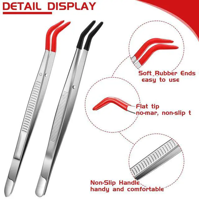 Alt view image 2 of 6 - 2 Pieces Tweezers Curved Bent Tip Tweezers with Rubber Silicone Tips PVC Coated Non Marring Soft Long Rubber Stainless Steel Tools for Jewelry Crafts(Red, Black)