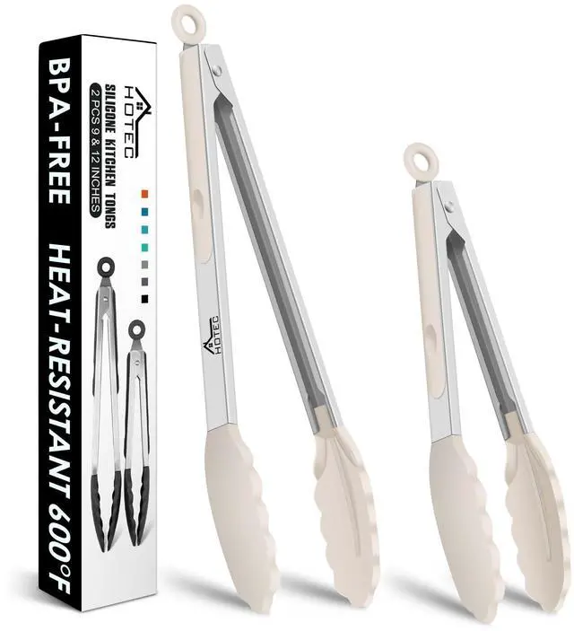 Main image of Premium Stainless Steel Locking Kitchen Tongs with Silicon Tips, Set of 2-9" and 12",Khaki