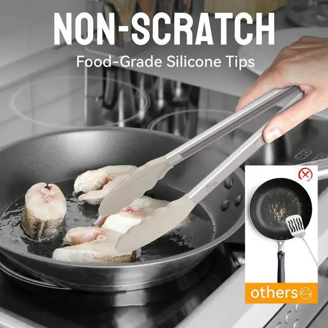 Alt view image 3 of 7 - Premium Stainless Steel Locking Kitchen Tongs with Silicon Tips, Set of 2-9" and 12",Khaki