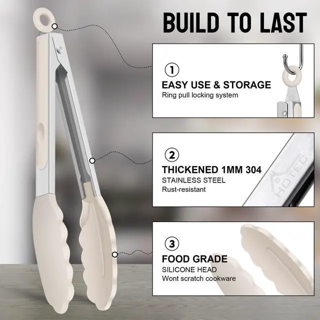 Alt view image 4 of 7 - Premium Stainless Steel Locking Kitchen Tongs with Silicon Tips, Set of 2-9" and 12",Khaki