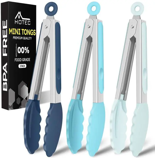Main image of Mini Silicone Kitchen Tongs for Cooking - 7-Inch Small Serving Tongs with Silicone Tips, Set of 3 (Blue)