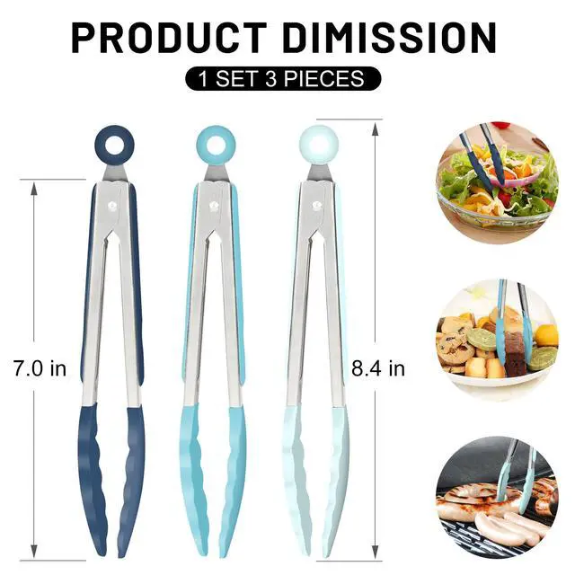 Alt view image 2 of 7 - Mini Silicone Kitchen Tongs for Cooking - 7-Inch Small Serving Tongs with Silicone Tips, Set of 3 (Blue)
