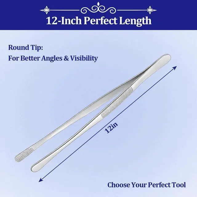 Alt view image 2 of 6 - 12-inch Stainless Steel Cooking Tongs & Tweezers, Non-Slip Grip & Serrated Tips for Grilling, Baking, Garnishing, BBQ, Kitchen & Craft Use (Round Tip)