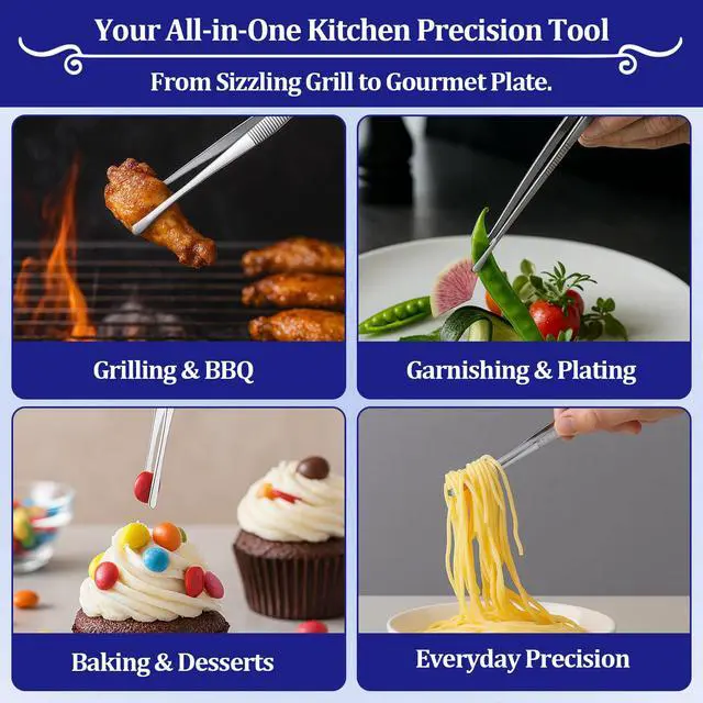 Alt view image 3 of 6 - 12-inch Stainless Steel Cooking Tongs & Tweezers, Non-Slip Grip & Serrated Tips for Grilling, Baking, Garnishing, BBQ, Kitchen & Craft Use (Round Tip)