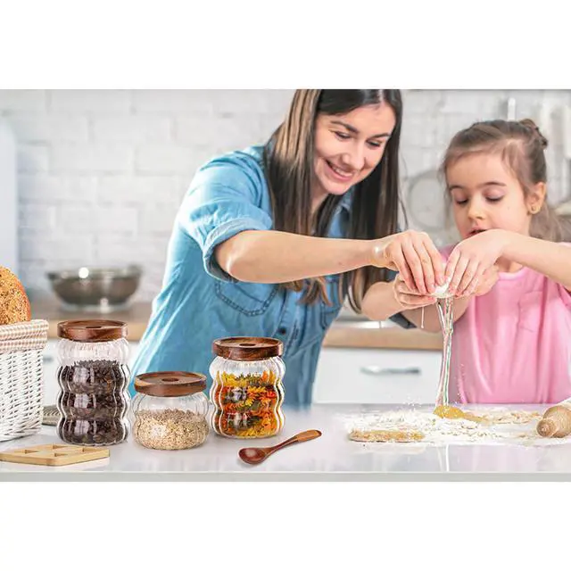 Alt view image 7 of 7 - Glass Food Storage Container Jar with Airtight Seal Acacia Wood Lids Kitchen Clear Glass canister Coffee, Bean,Tea,Spice Containers Sugar,Cookies,Nuts,Snack,Candy Jar