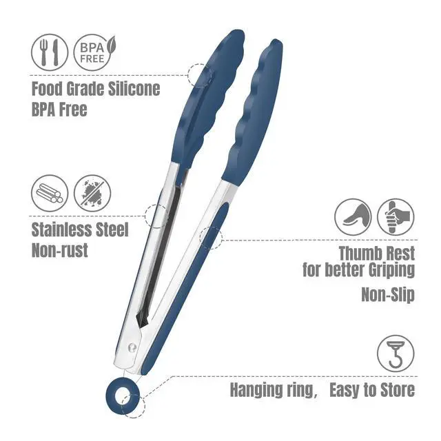 Alt view image 4 of 7 - Mini Silicone Kitchen Tongs for Cooking - 7-Inch Small Serving Tongs with Silicone Tips, Set of 3 (Blue)