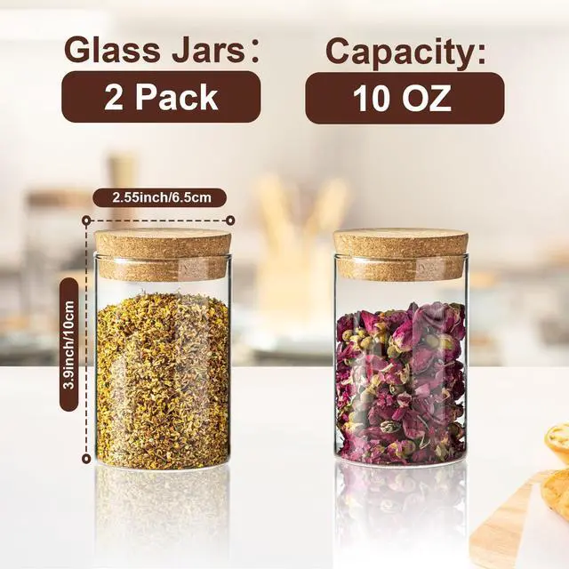 Alt view image 2 of 7 - 10oz Glass Storage Container - Airtight Glass Jars with Cork Lid, Spice Jars, Candy Jar, Food Storage Jars for Candy, Spices, Coffee, Tea, Nuts (2PCS)