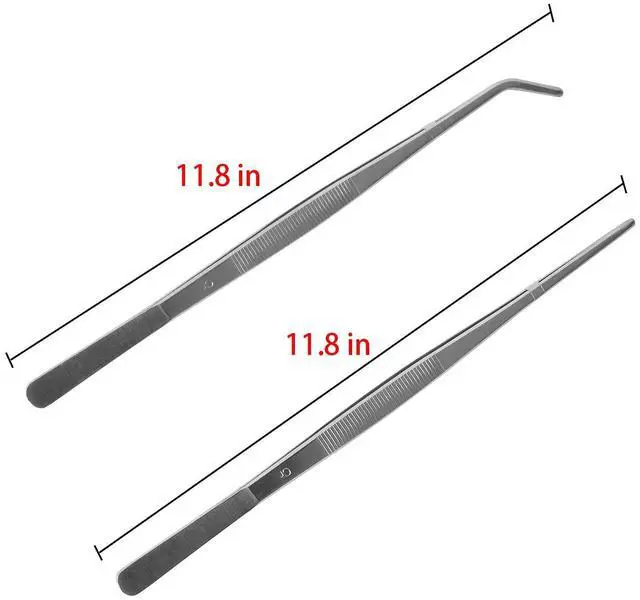 Alt view image 2 of 5 - 2 Pcs 12 Inch Long Handle Stainless Steel Straight and Curved Tweezers Nippers, Set with Serrated Tips Comfortable Ridged Handle for Garden, Kitchen, Indoors and Outdoors