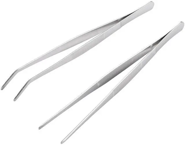 Main image of Long Handle Stainless Steel Paint Straight and Curved Tweezers Nippers,Extra Long Precision Craft Tweezers Set with Serrated Tips,Silver,2 pieces,9.8Inches