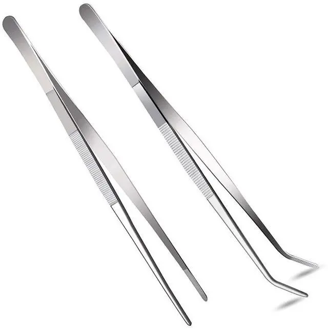 Main image of 2 Pcs 12 Inch Long Handle Stainless Steel Straight and Curved Tweezers Nippers, Set with Serrated Tips Comfortable Ridged Handle for Garden, Kitchen, Indoors and Outdoors