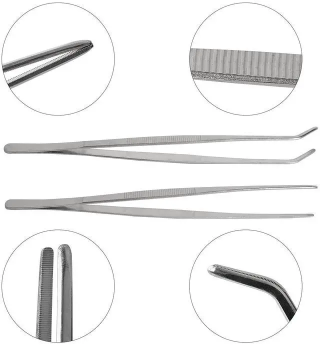 Alt view image 3 of 5 - 2 Pcs 12 Inch Long Handle Stainless Steel Straight and Curved Tweezers Nippers, Set with Serrated Tips Comfortable Ridged Handle for Garden, Kitchen, Indoors and Outdoors