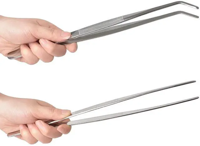 Alt view image 4 of 5 - 2 Pcs 12 Inch Long Handle Stainless Steel Straight and Curved Tweezers Nippers, Set with Serrated Tips Comfortable Ridged Handle for Garden, Kitchen, Indoors and Outdoors