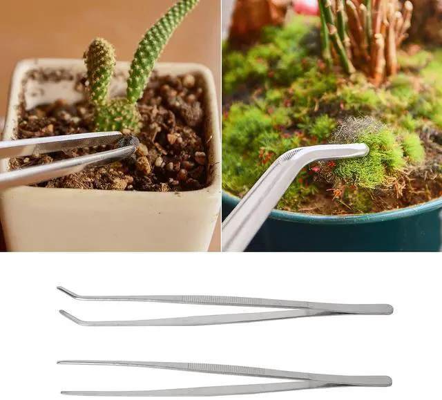 Alt view image 5 of 5 - 2 Pcs 12 Inch Long Handle Stainless Steel Straight and Curved Tweezers Nippers, Set with Serrated Tips Comfortable Ridged Handle for Garden, Kitchen, Indoors and Outdoors