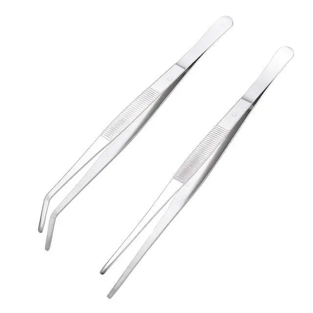 Alt view image 3 of 5 - Long Handle Stainless Steel Paint Straight and Curved Tweezers Nippers,Extra Long Precision Craft Tweezers Set with Serrated Tips,Silver,2 pieces,9.8Inches